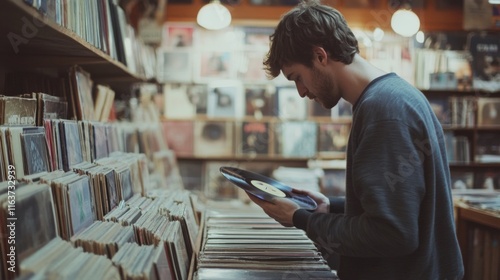 Young man browsing vinyl records in a record store.