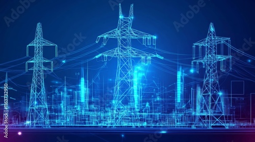 Industrial plant concept with energy icons. Power generation and modern industry thin-line design. 