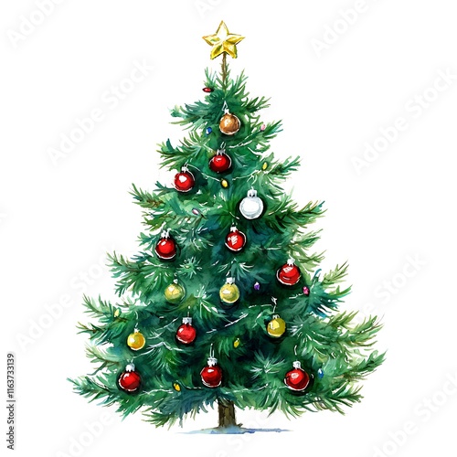 Watercolor Painting of a Decorated Christmas Tree with Gold Star on Top.