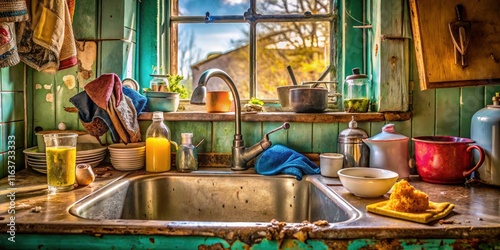 Shabby Old Kitchen Sink with Dirty Dishes and Cleaning Supplies in a Rustic Setting photo