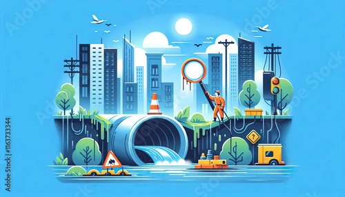 Environmental engineer inspecting polluted water flowing from large pipe into river in city setting