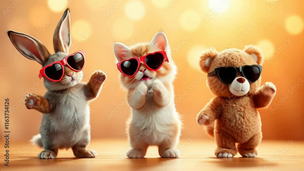 A dancing cat, bunny, and teddy bear wearing red heart-shaped sunglasses dancing. The background features floating hearts, creating a fun, playful, and cute atmosphere