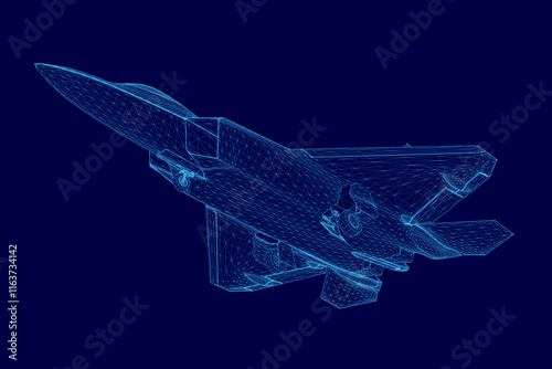 Blue wireframe of a fighter jet. The jet is in the air and has a pointed nose