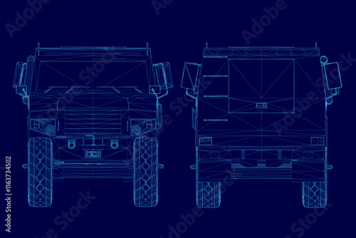 The blue image is a close up of a vehicle. The vehicle is a military vehicle with a large engine and a large front wheel