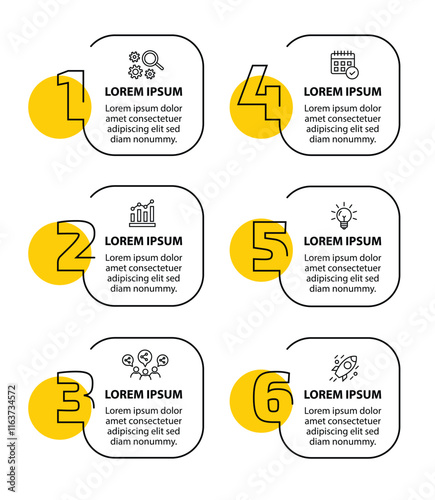6 steps infographic template with 6 options. Flowchart that can be used for business report, data visualization and presentation. Timeline infographic elements vector illustration.