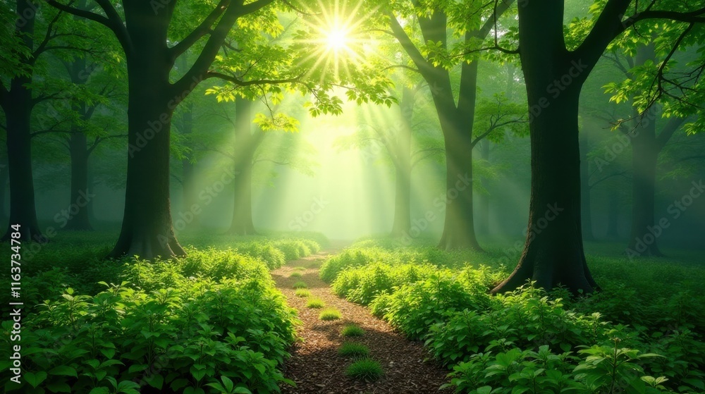 Obraz premium Sunlit Path Through Misty Green Forest with Lush Undergrowth