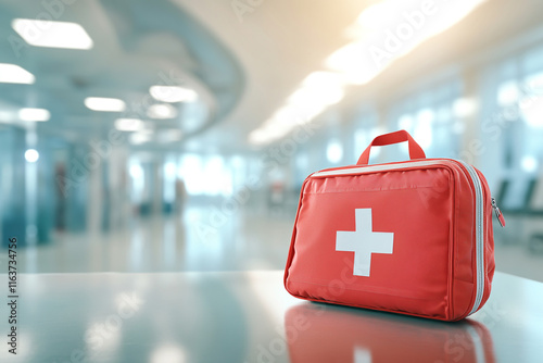 A red medical bag on a table with a hospital background, a white cross and space for text copy area.