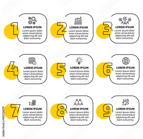 9 steps infographic template with 9 options. Flowchart that can be used for business report, data visualization and presentation. Timeline infographic elements vector illustration.