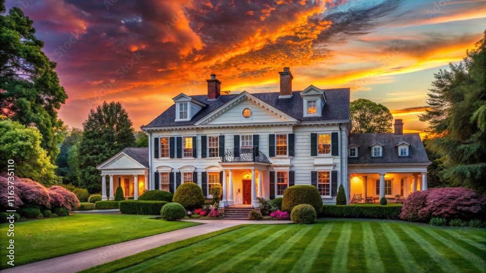 Stunning Colonial American Residence at Sunset - Warm Hues, Architectural Beauty, Historic Charm, Scenic Landscape, Timeless Elegance Stunning Colonial American Residence at Sunset - Warm Hues, Architectural Beauty, Historic Charm, Scenic Landscape, Timeless Elegance