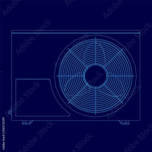 Blue drawing of an air conditioner. The air conditioner is on the right side of the image