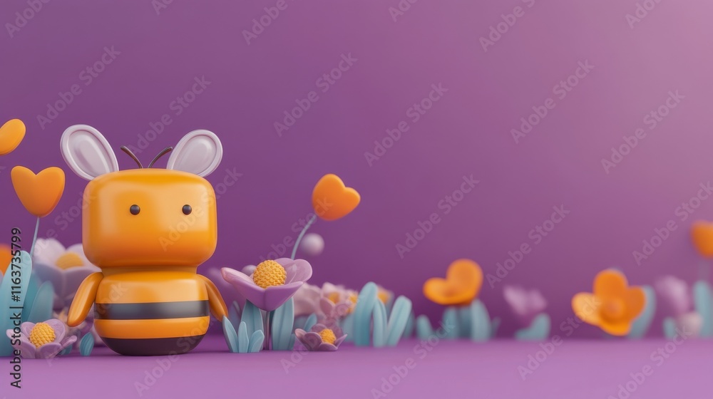 Fototapeta premium A cheerful cartoon bee figure amidst colorful flowers on a purple background, showcasing a playful and vibrant design.