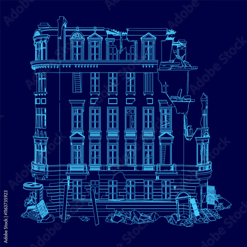Blue drawing of a building with a lot of windows. The building appears to be in ruins, with a lot of debris and rubble around it. Scene is one of destruction and decay