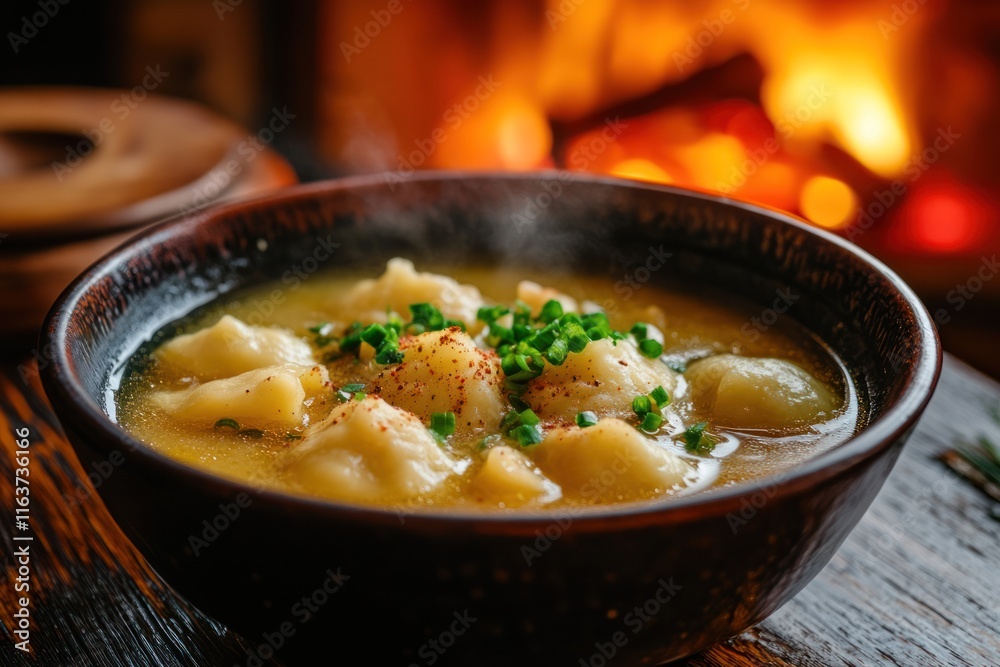 A Bowl of Hot Dumpling Soup With Green Onions A Bowl of Hot Dumpling Soup With Green Onions