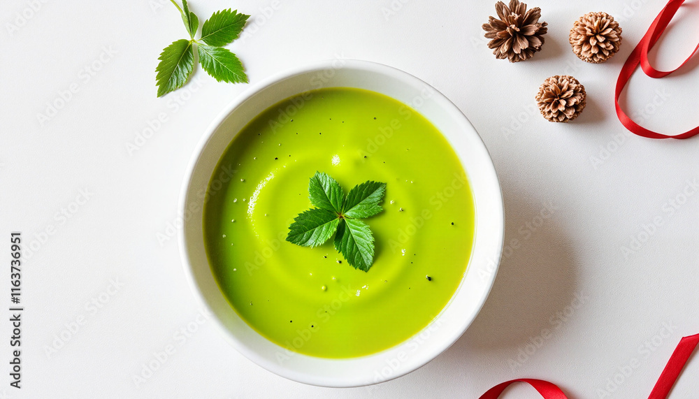 Festive Finnish pea soup in white bowl with holiday decor, holiday warmth Festive Finnish pea soup in white bowl with holiday decor, holiday warmth
