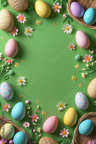 Easter theme green background with copy space in the middle and easter eggs and other elements on the outside