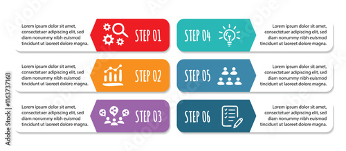 6 steps infographic template with 6 options. Flowchart that can be used for business report, data visualization and presentation. Timeline infographic elements vector illustration.