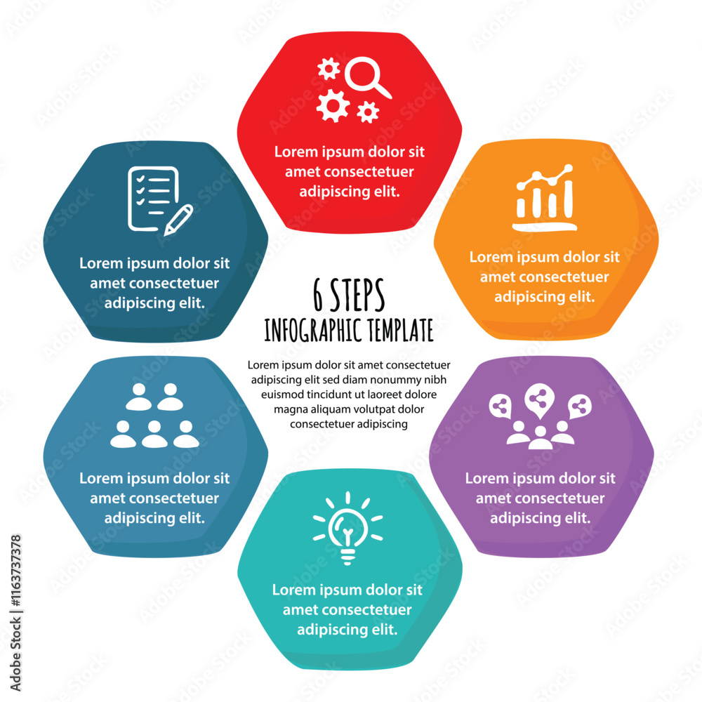 Obraz premium 6 steps infographic template with 6 options. Flowchart that can be used for business report, data visualization and presentation. Timeline infographic elements vector illustration.