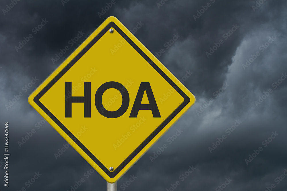 HOA warning sign against stormy sky HOA warning sign against stormy sky