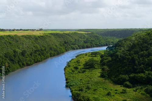 Beautiful view from Altos de Chavon of the river Chavon and forest around