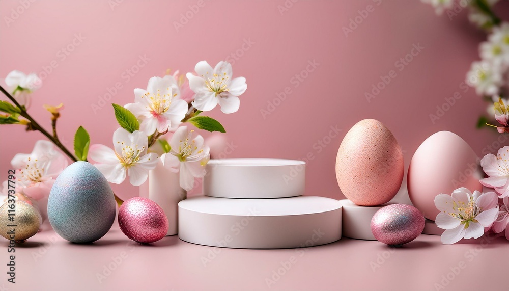 Easter concept with colorful Easter eggs and cherry flowers. White empty podiums displayed on pale pink background. Generated image Easter concept with colorful Easter eggs and cherry flowers. White empty podiums displayed on pale pink background. Generated image