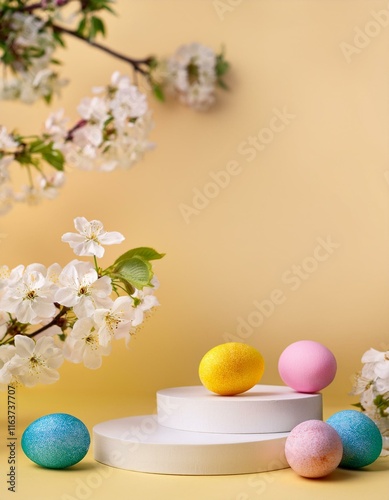 Easter concept with colorful easter eggs and cherry flowers. White Empty podiums displayed on pale yellow background. Generated image photo