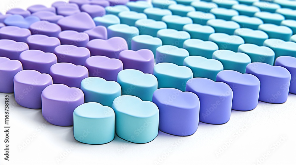 Fototapeta premium Rows of Pastel Blue and Purple Heart Shapes 3D Render
