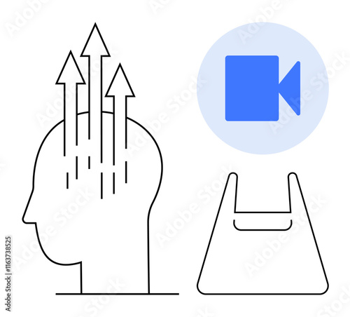 Outline of a human head with upward arrows, representing knowledge. Blue camera icon and shopping bag adjacent. Ideal for online education, growth, creativity, digital media, e-commerce, innovation