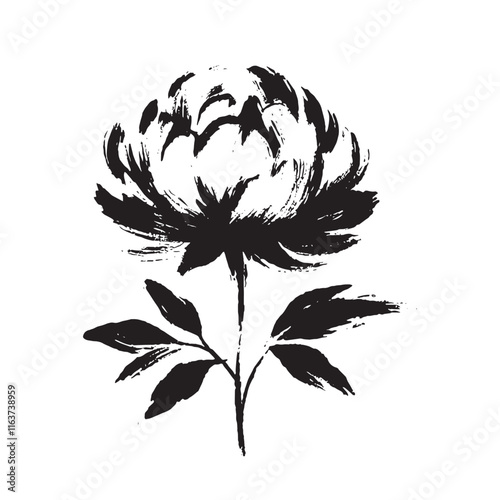 Minimalist hand drawn peony in bold black brush strokes on white