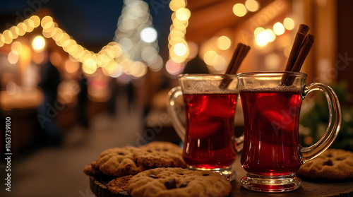 Two glasses of hot mulled spicy wine with cookies at a Christmas market illuminated at night in december photo