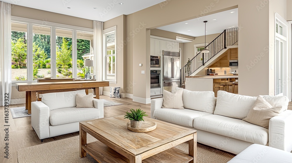 Fototapeta premium A modern beige living room with white sofas and a coffee table, featuring light wood flooring
