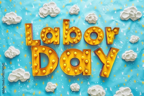 Colorful Labor Day celebration decoration featuring playful clouds and festive letters on a bright blue background