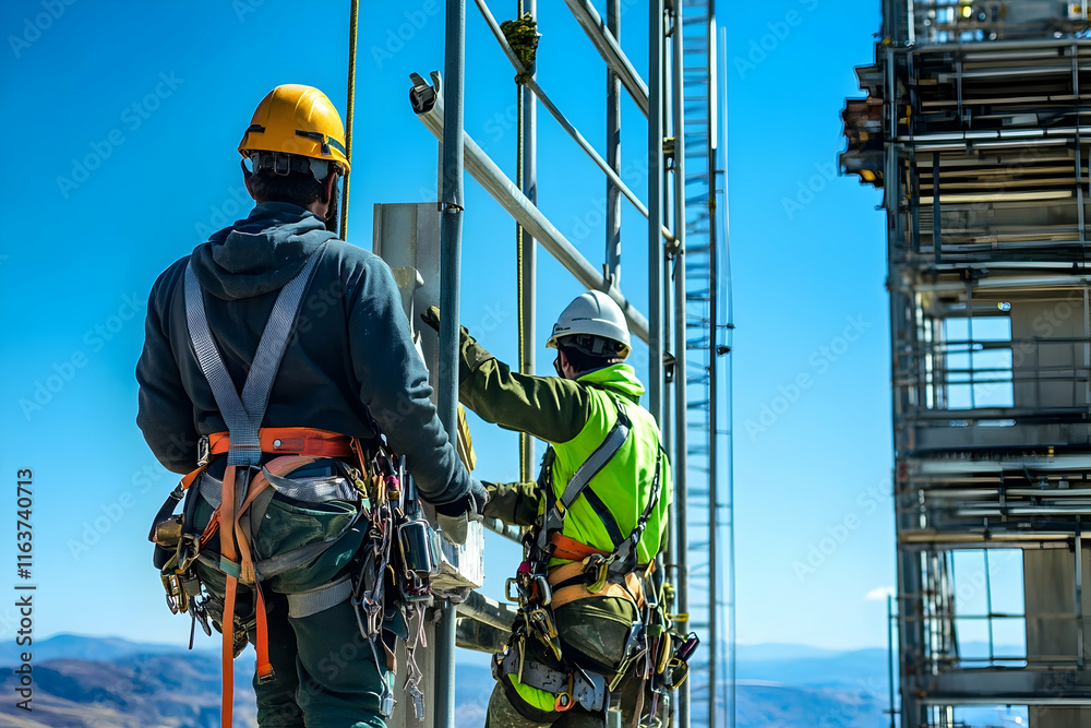 Construction workers equipped with safety harnesses working on a high-altitude industrial project under clear skies Construction workers equipped with safety harnesses working on a high-altitude industrial project under clear skies