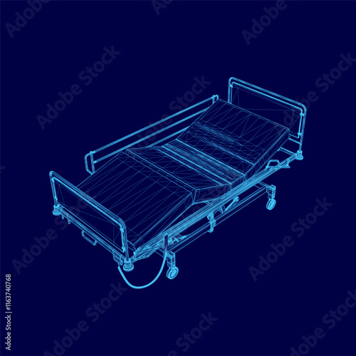 Blue bed with sheet and a blue pillow. The bed is in a hospital setting