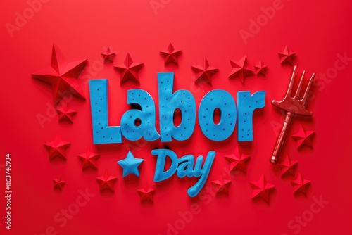 Vibrant Labor Day celebration decoration with stars and a pitchfork on a bright red background