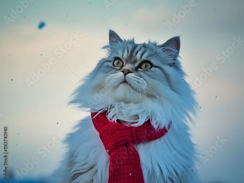 A fluffy white cat wearing a red scarf.