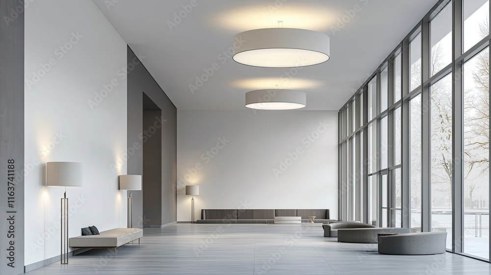 A modern hotel lobby with a minimalist design, featuring large windows, white walls, and light gray flooring