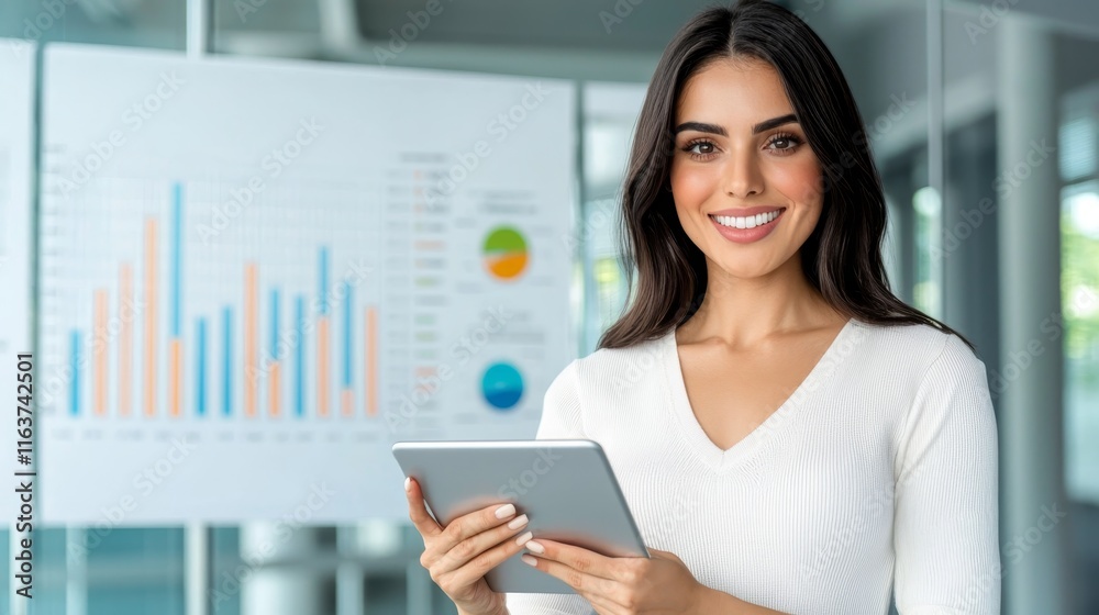 Successful Entrepreneur Smiling with Tablet Displaying Diversification Success Successful Entrepreneur Smiling with Tablet Displaying Diversification Success