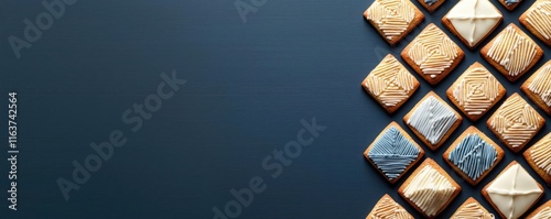 Minimal cookies idea. An ultramodern flatlay of geometricshaped cookies on a cool gradient background transitioning from deep navy to soft silver photo