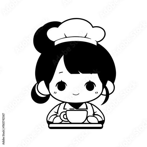 Cartoon girl happily holding a steaming cup of tea