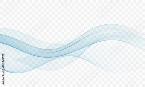 Blue transparent smoky stream of abstract wave on transparent background, design element.