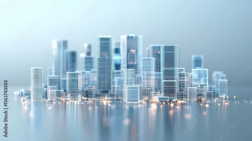 Obraz premium A futuristic cityscape featuring sleek, glass buildings reflecting light, creating a modern and serene urban environment.