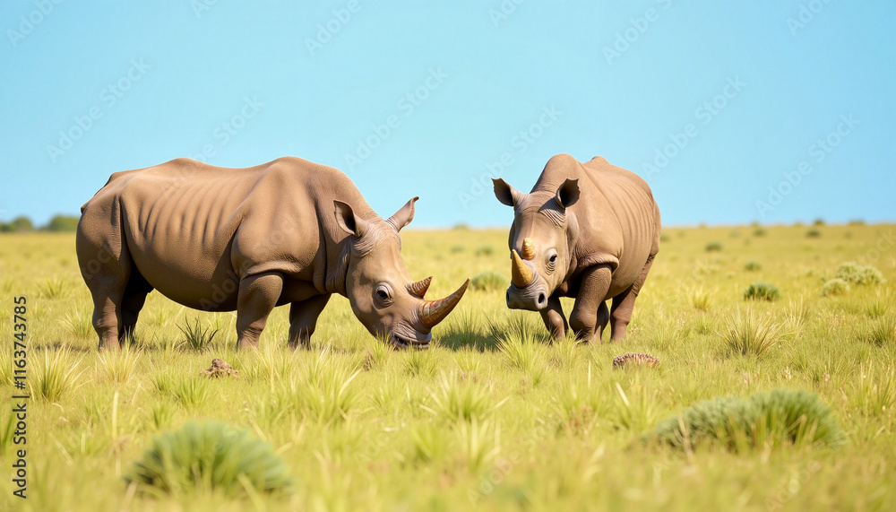 Obraz premium Rhinos grazing in a sunny savanna