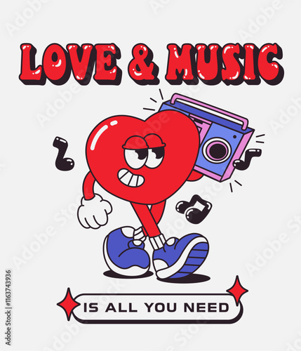 Groovy sticker, poster, print with a cute playful heart with a tape recorder. Love concept. Logo Love and Music. Cheerful happy heart character in trendy retro 70s 80s cartoon style