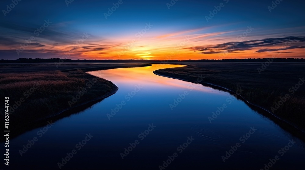 Fototapeta premium A serene river reflects a vibrant sunset, surrounded by tranquil landscapes, showcasing the beauty of nature's colors and calm waters.
