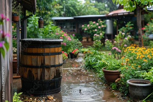 Rainwater collects in a wooden barrel amidst blooming flowers in a lush garden during a rainy afternoon