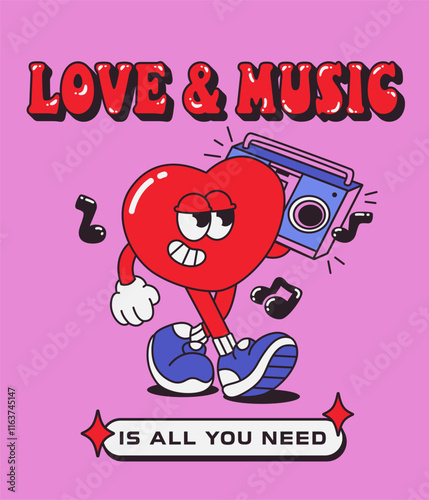 Cheerful groove heart character in 70's and 80's style. Vintage sticker, banner, print, Happy Valentine's Day card in pink colors