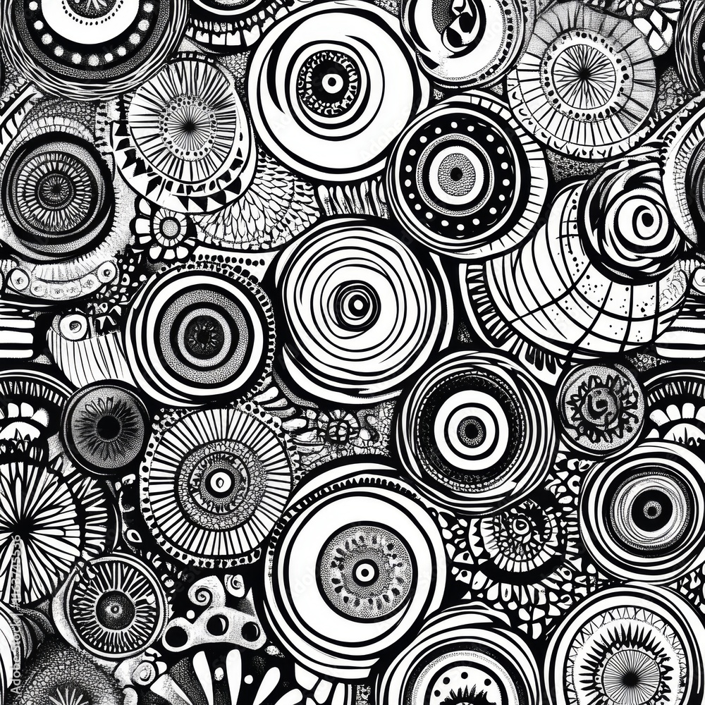 Abstract grayscale pattern with various circles, swirls, and lines. Abstract grayscale pattern with various circles, swirls, and lines.