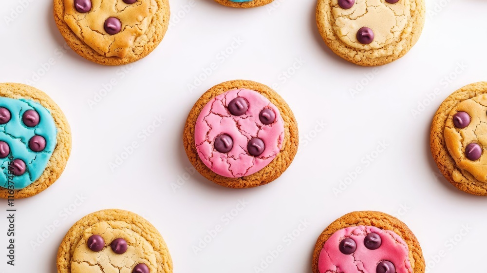 Fototapeta premium Minimal cookies concept. Colorful cookies with vibrant icing and chocolate drops on a light background.