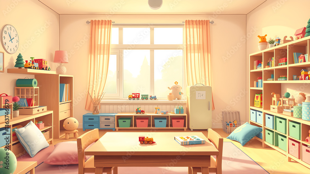 A bright and colorful room with a table and chairs, a refrigerator, and a clock A bright and colorful room with a table and chairs, a refrigerator, and a clock
