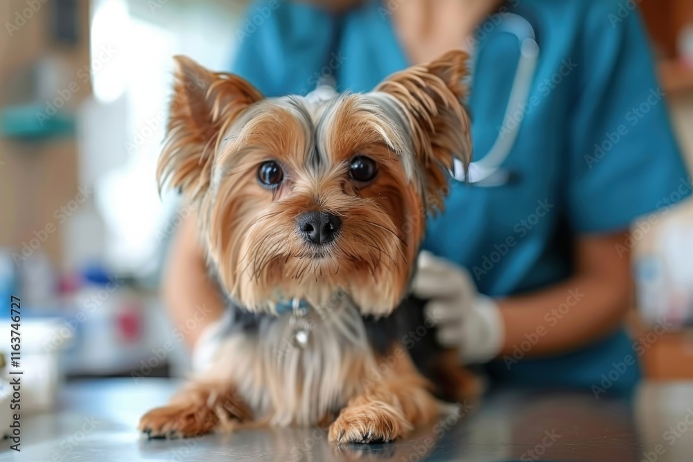 Small Yorkie dog receiving a check-up from a veterinarian in a clinical setting Small Yorkie dog receiving a check-up from a veterinarian in a clinical setting